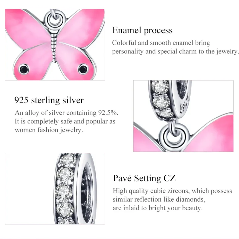 (image for) Pandora Style Silver Dangle Charm, Pink Butterfly, Pink Enamel - SCC1728 - View 7