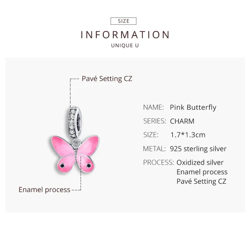 (image for) Pandora Style Silver Dangle Charm, Pink Butterfly, Pink Enamel - SCC1728 - View 8