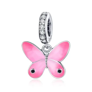 (image for) Pandora Style Silver Dangle Charm, Pink Butterfly, Pink Enamel - SCC1728