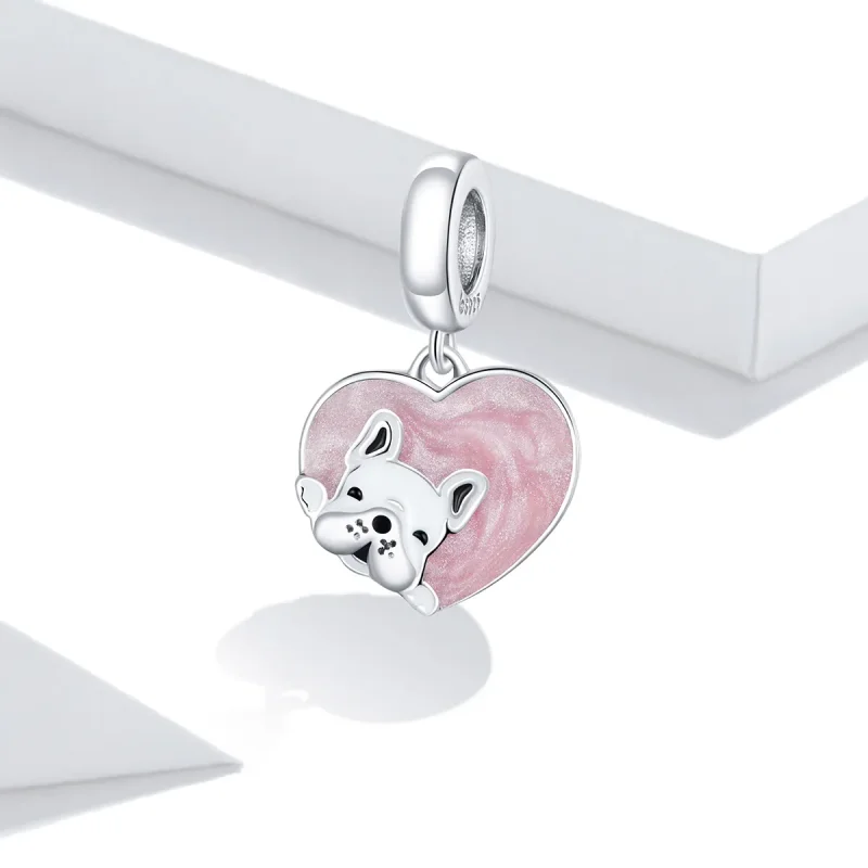 (image for) Pandora Style Silver Dangle Charm, Puppy With Love, Pink Enamel - BSC360 - View 2