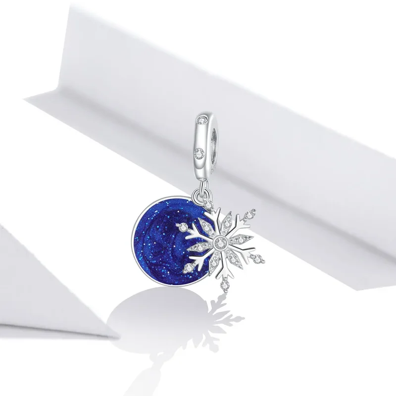 (image for) Pandora Style Silver Dangle Charm, Snowy Night Sky, Blue Enamel - BSC367 - View 2