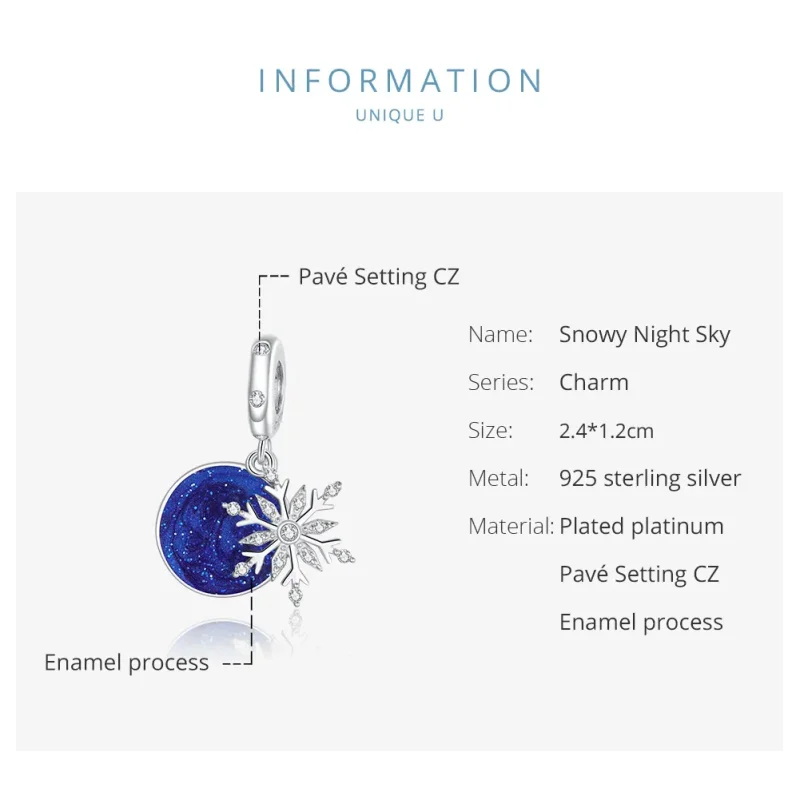 (image for) Pandora Style Silver Dangle Charm, Snowy Night Sky, Blue Enamel - BSC367 - View 6