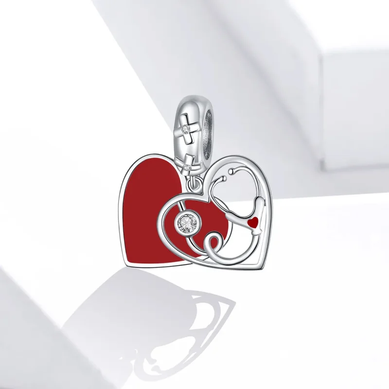 (image for) Pandora Style Silver Dangle Charm, Stethoscope With Red Heart, Red Enamel - BSC3 - View 2