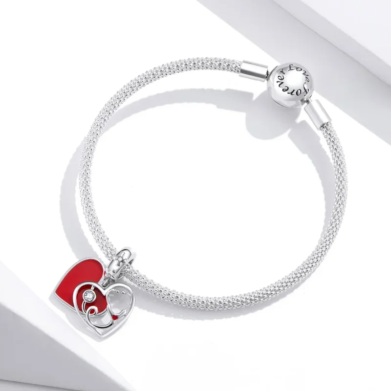 (image for) Pandora Style Silver Dangle Charm, Stethoscope With Red Heart, Red Enamel - BSC3 - View 3