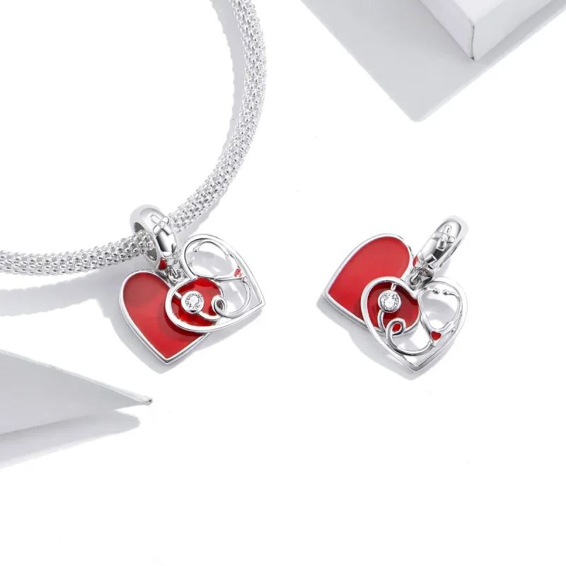 (image for) Pandora Style Silver Dangle Charm, Stethoscope With Red Heart, Red Enamel - BSC3 - View 4