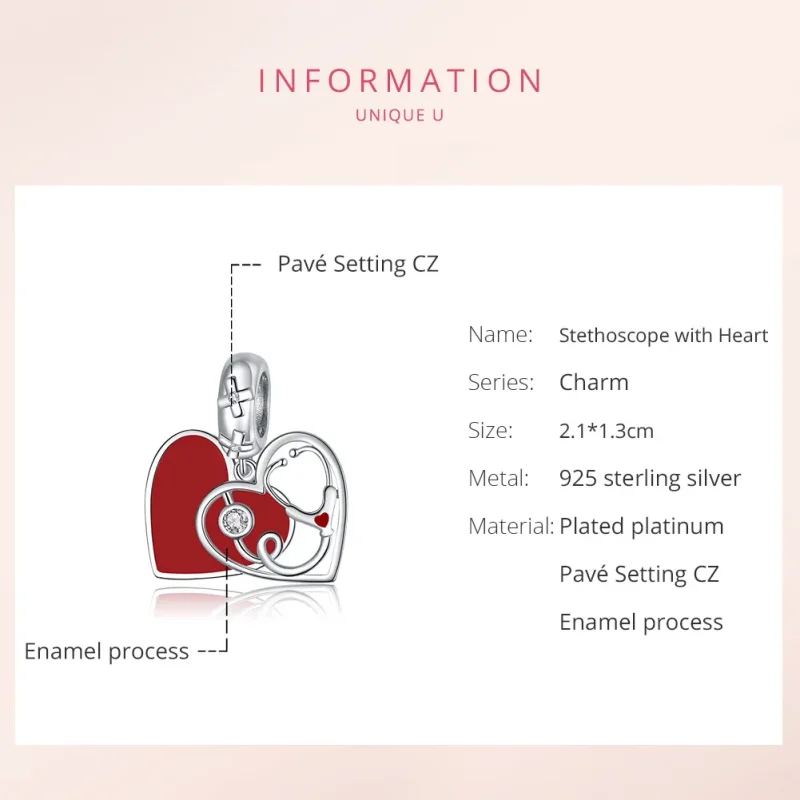 (image for) Pandora Style Silver Dangle Charm, Stethoscope With Red Heart, Red Enamel - BSC3 - View 6