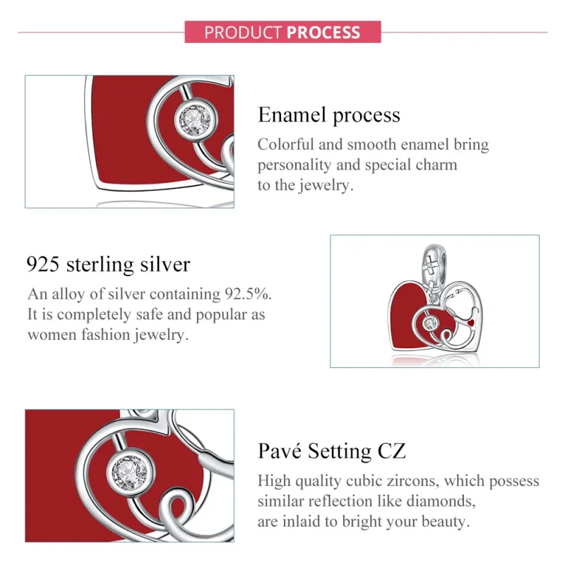 (image for) Pandora Style Silver Dangle Charm, Stethoscope With Red Heart, Red Enamel - BSC3 - View 7
