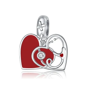 (image for) Pandora Style Silver Dangle Charm, Stethoscope With Red Heart, Red Enamel - BSC308