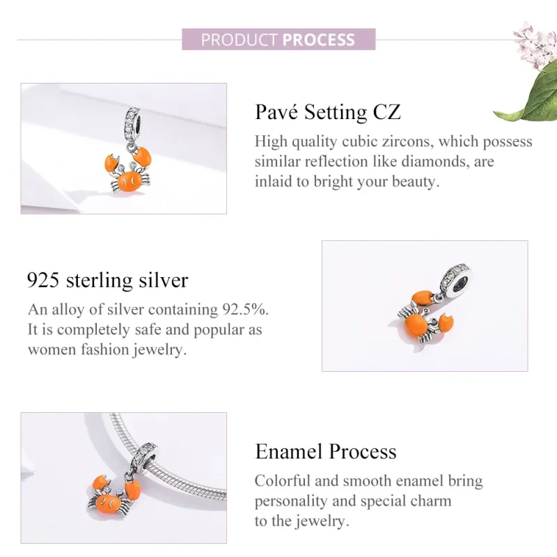 (image for) Pandora Style Silver Dangle Charm, Summer Crab, Orange Enamel - BSC076 - View 8
