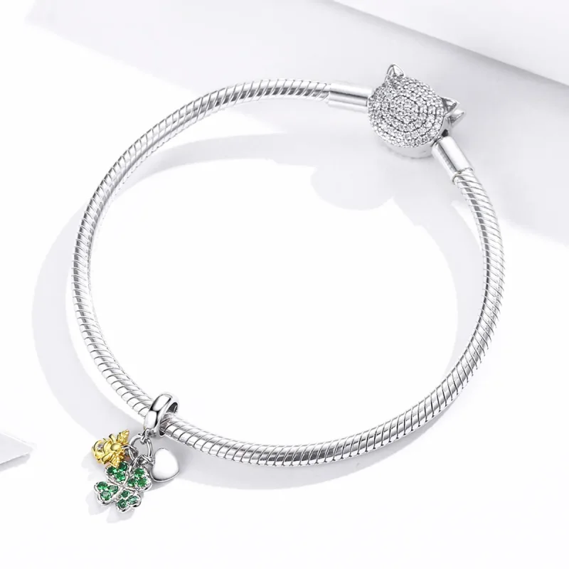(image for) Pandora Style Tri-tone Bangle Charm, Bicolor Clover With Bee - BSC303 - View 3