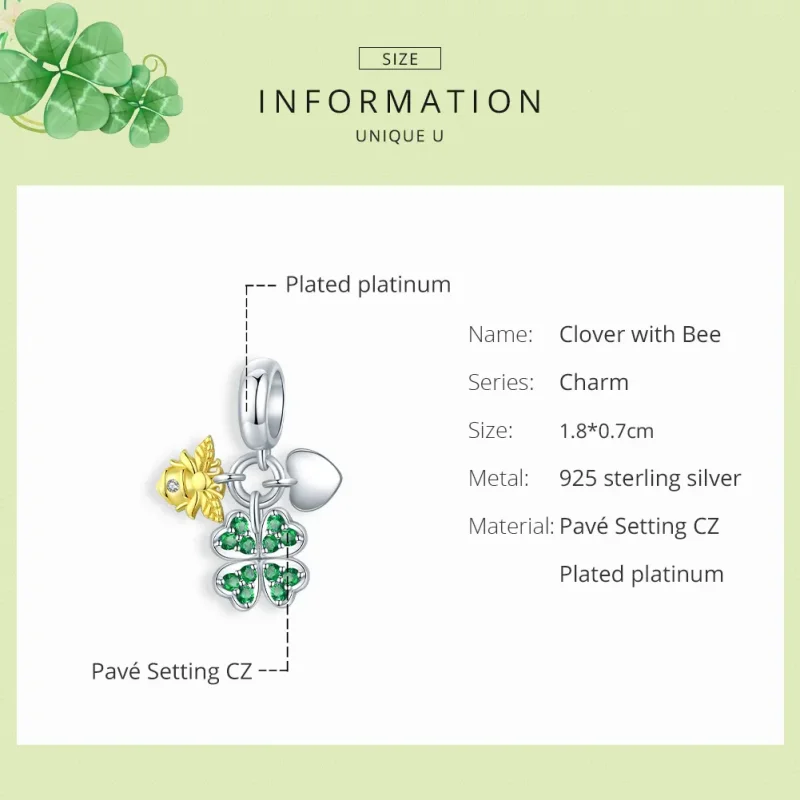 (image for) Pandora Style Tri-tone Bangle Charm, Bicolor Clover With Bee - BSC303 - View 6