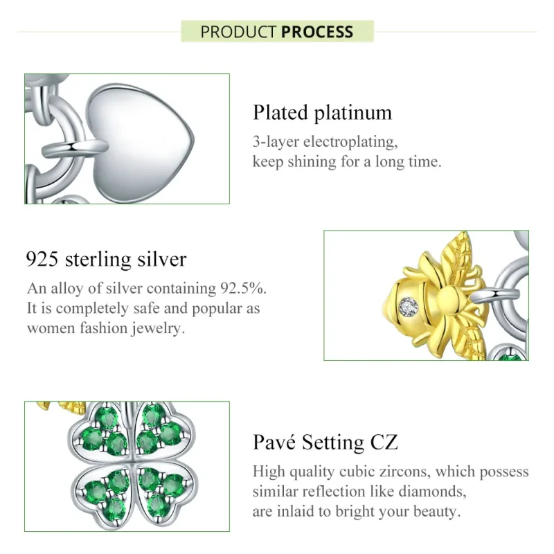 (image for) Pandora Style Tri-tone Bangle Charm, Bicolor Clover With Bee - BSC303 - View 7