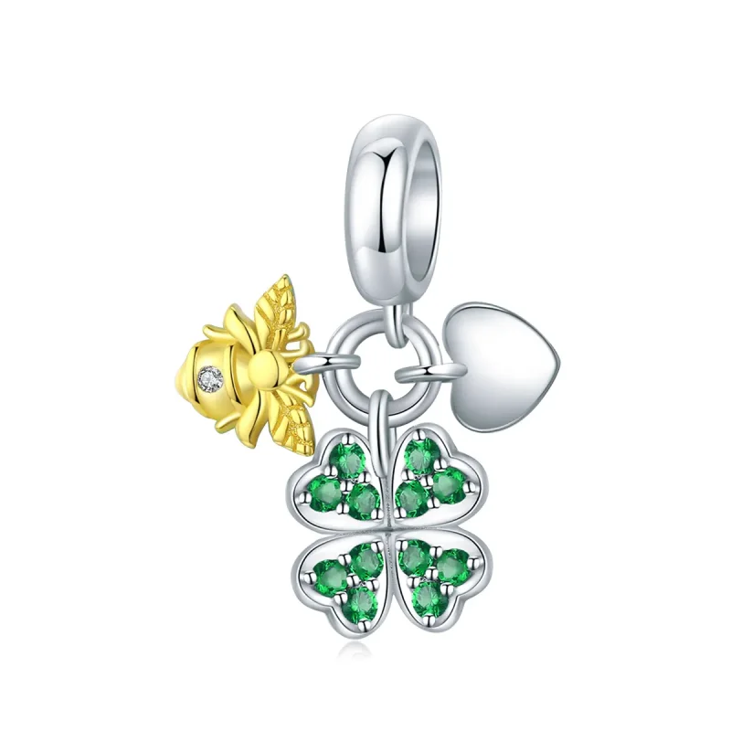(image for) Pandora Style Tri-tone Bangle Charm, Bicolor Clover With Bee - BSC303 - Product Image