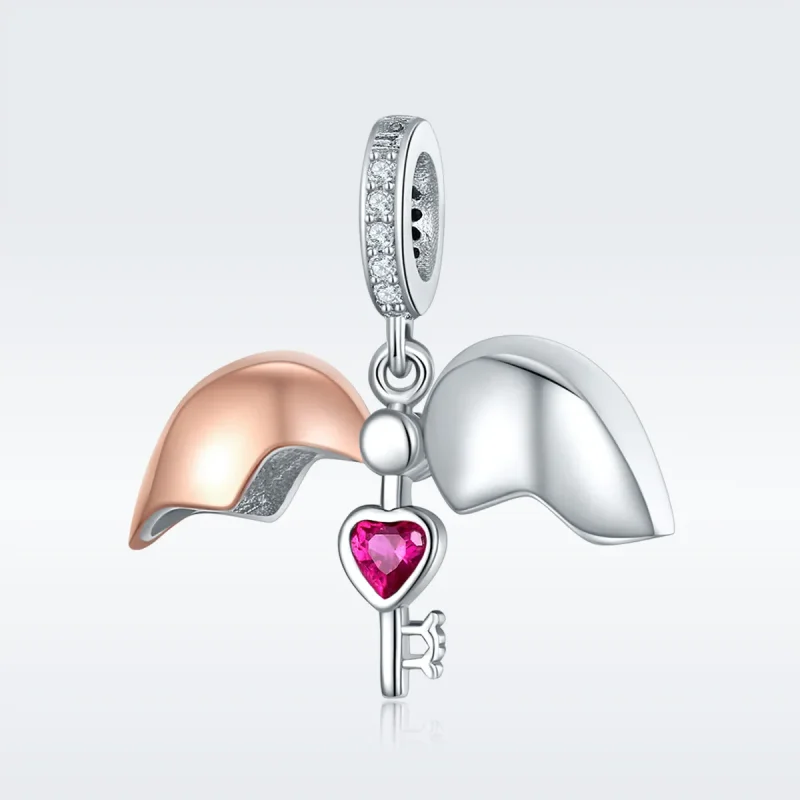 (image for) Pandora Style Tri-tone Bangle Charm, Bicolor Key In Open Heart - SCC844 - View 3