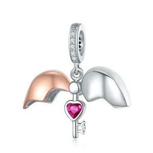 (image for) Pandora Style Tri-tone Bangle Charm, Bicolor Key In Open Heart - SCC844