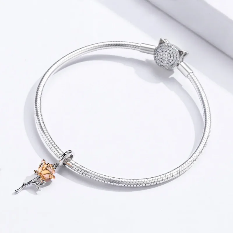 (image for) Pandora Style Tri-tone Bangle Charm, Bicolor Lover Rose Two Color Flowers - BSC1 - View 3