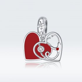 Pandora Style Silver Dangle Charm, Stethoscope With Red Heart, Red Enamel - BSC308