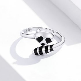 Pandora Style Silver Open Ring, Little Raccoon, Black Enamel - SCR652
