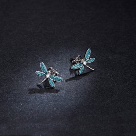 Pandora Style Silver Hoop Earrings, Little Dragonfly, Cyan Blue Enamel - BSE455