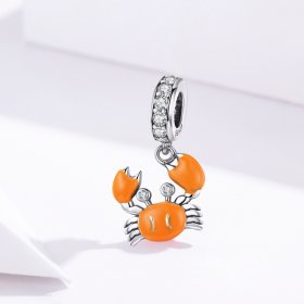 Pandora Style Silver Dangle Charm, Summer Crab, Orange Enamel - BSC076