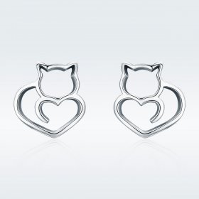 Silver Cute Cat Stud Earrings - PANDORA Style - SCE271