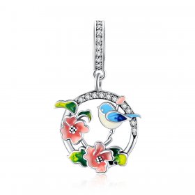 Pandora Style Silver Dangle Charm, Birds & Flowers, Multicolor Enamel - SCC1726