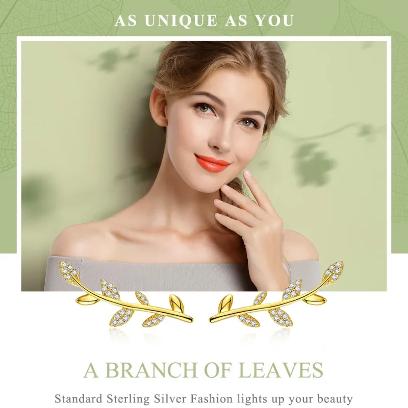 (image for) Gold-Plated Branch of Leaves Stud Earrings - PANDORA Style - SCE556 - View 2