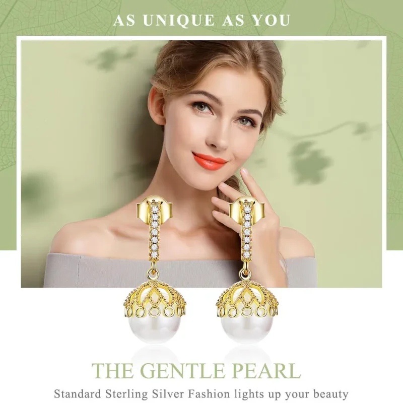 (image for) Gold-Plated Gentle Pearl Hanging Earrings - PANDORA Style - SCE608 - View 2
