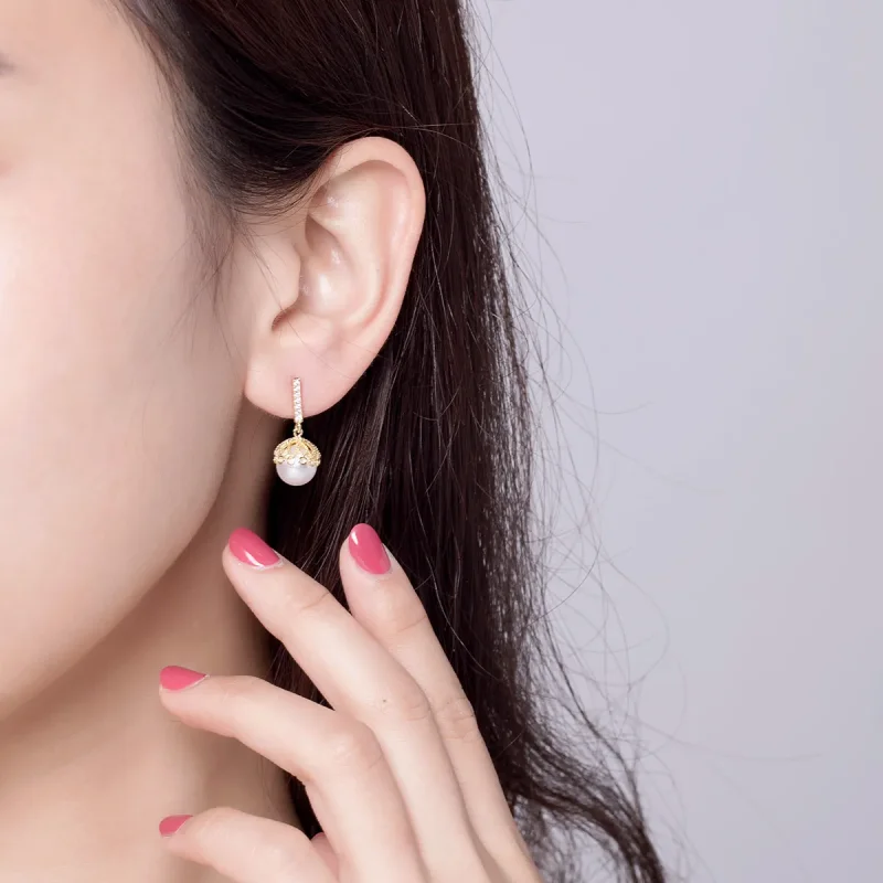 (image for) Gold-Plated Gentle Pearl Hanging Earrings - PANDORA Style - SCE608 - View 4