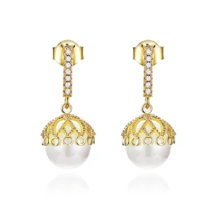 (image for) Gold-Plated Gentle Pearl Hanging Earrings - PANDORA Style - SCE608