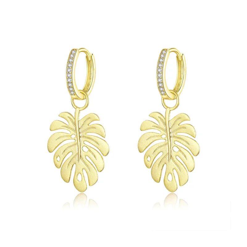 (image for) Pandora Style 18ct Gold Plated Dangle Earrings, Monstera Leaf - BSE223 - Product Image