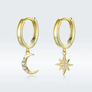 (image for) Pandora Style 18ct Gold Plated Dangle Earrings, Moon & Star - SCE785