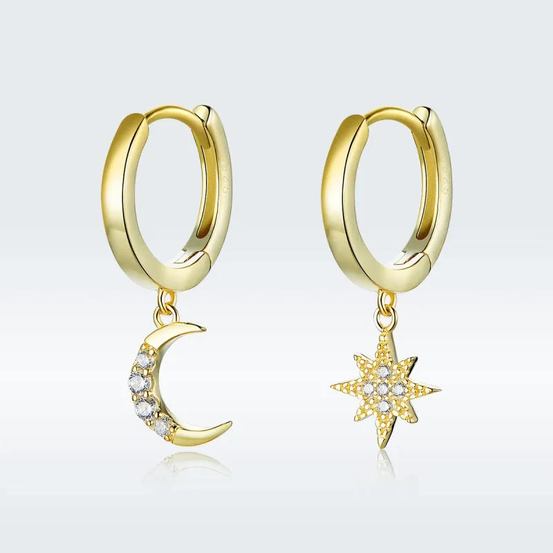 (image for) Pandora Style 18ct Gold Plated Dangle Earrings, Moon & Star - SCE785 - Product Image