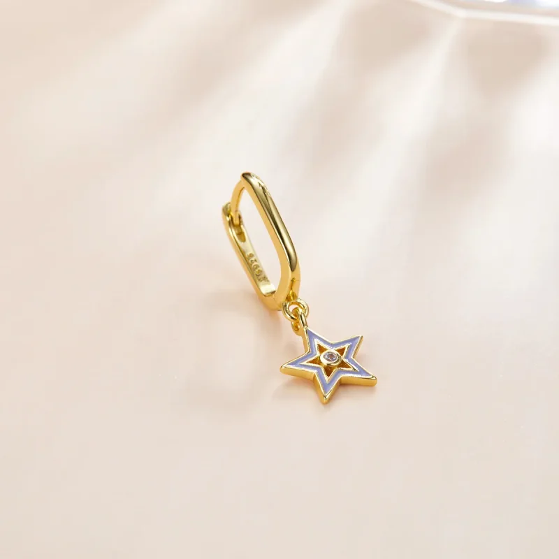 (image for) Pandora Style 18ct Gold Plated Dangle Earrings, Shining Star, Blue Violet Enamel - View 2