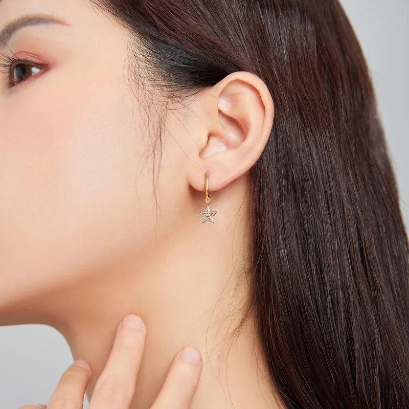 (image for) Pandora Style 18ct Gold Plated Dangle Earrings, Shining Star, Blue Violet Enamel - View 4