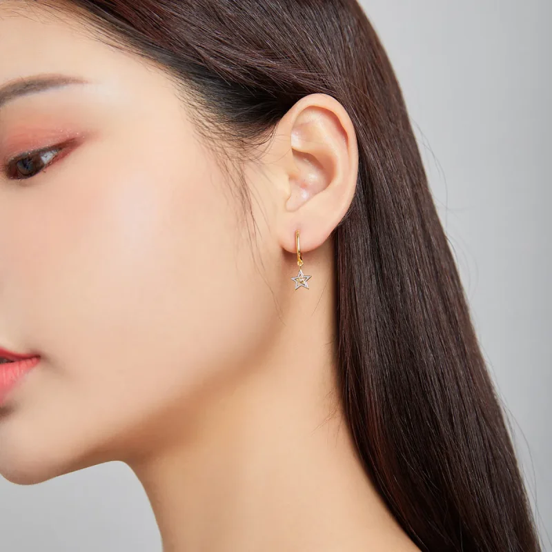 (image for) Pandora Style 18ct Gold Plated Dangle Earrings, Shining Star, Blue Violet Enamel - View 5