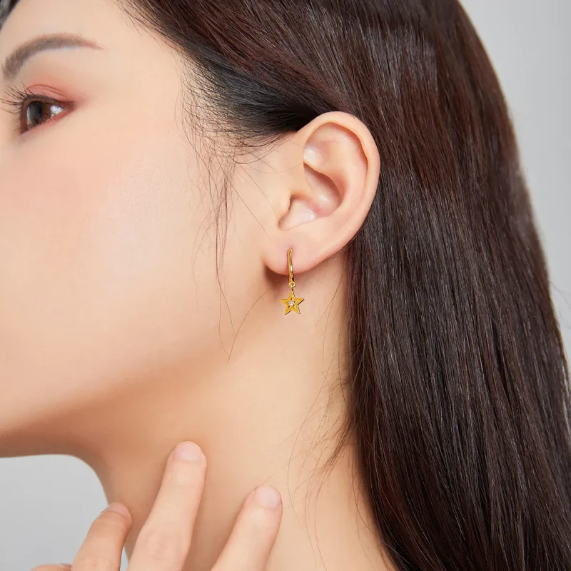 (image for) Pandora Style 18ct Gold Plated Dangle Earrings, Shining Star, Orange Enamel - SC - View 4