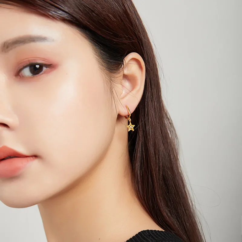 (image for) Pandora Style 18ct Gold Plated Dangle Earrings, Shining Star, Orange Enamel - SC - View 5