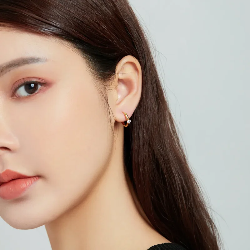 (image for) Pandora Style 18ct Gold Plated Hoop Earrings , Shining Diamond - SCE1050-B - View 6