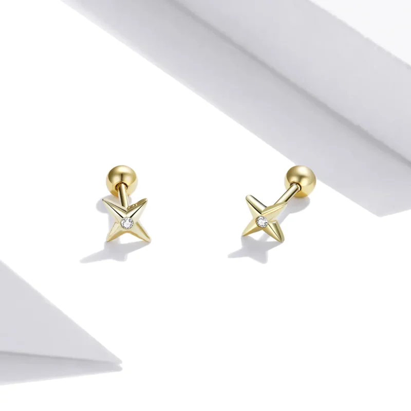 (image for) Pandora Style 18ct Gold Plated Stud Earrings, Golden Stars - SCE1117 - View 3