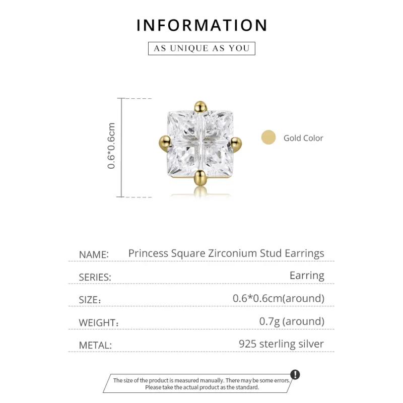 (image for) Pandora Style 18ct Gold Plated Stud Earrings, Princess Square Zirconium - SCE109 - View 2