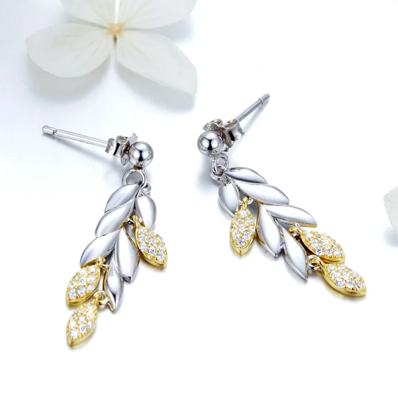 (image for) Pandora Style Dangle Earrings, Bicolor Two-Color Wheat Spike - BSE025 - View 2