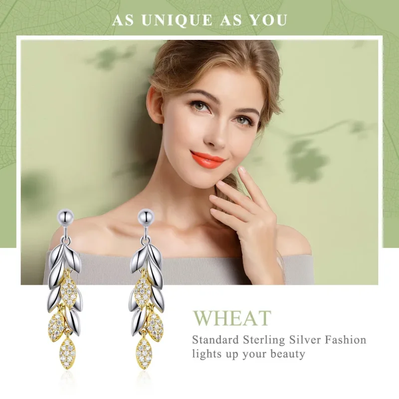 (image for) Pandora Style Dangle Earrings, Bicolor Two-Color Wheat Spike - BSE025 - View 6