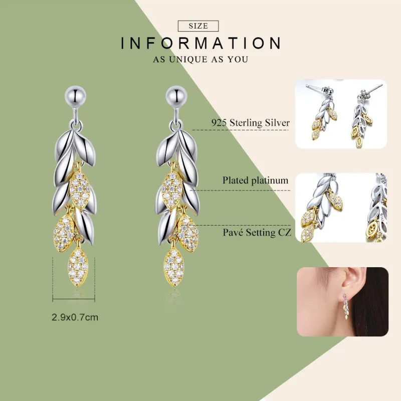 (image for) Pandora Style Dangle Earrings, Bicolor Two-Color Wheat Spike - BSE025 - View 7