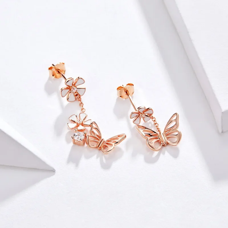 (image for) Pandora Style Rose Gold Dangle Earrings, Dancing Butterfly - BSE100 - View 2