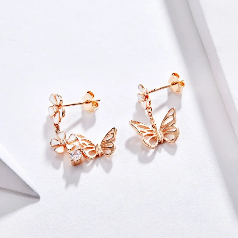 (image for) Pandora Style Rose Gold Dangle Earrings, Dancing Butterfly - BSE100 - View 3