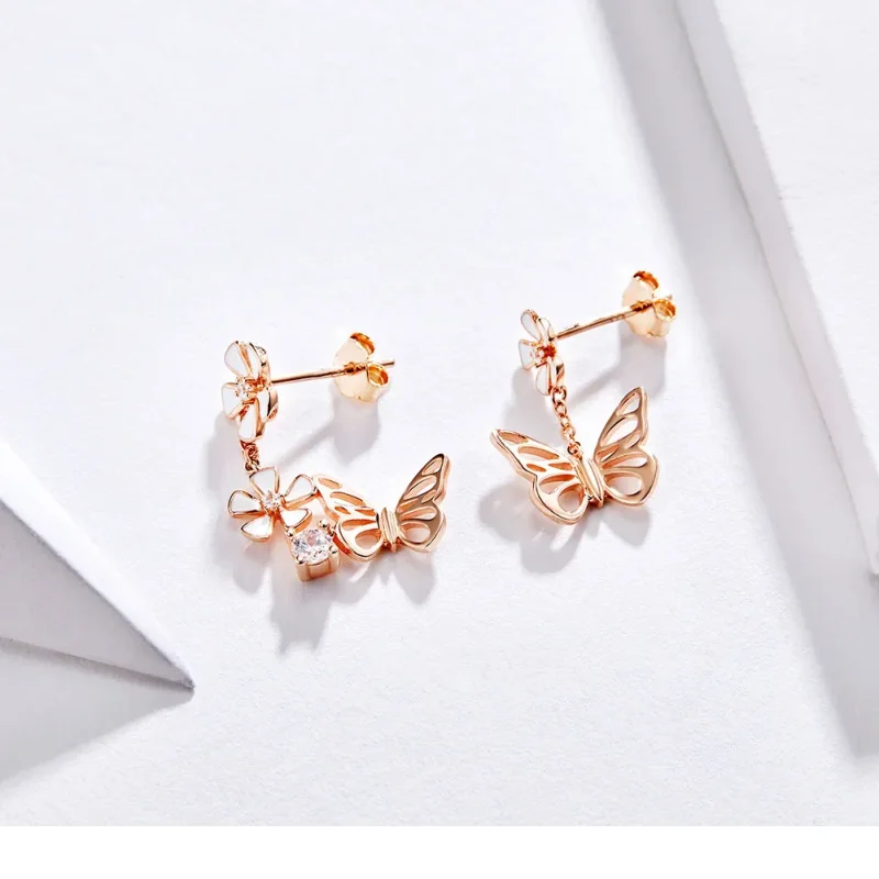 (image for) Pandora Style Rose Gold Dangle Earrings, Dancing Butterfly - BSE100 - View 6