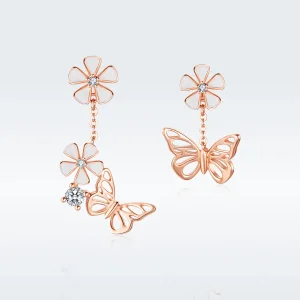 (image for) Pandora Style Rose Gold Dangle Earrings, Dancing Butterfly - BSE100