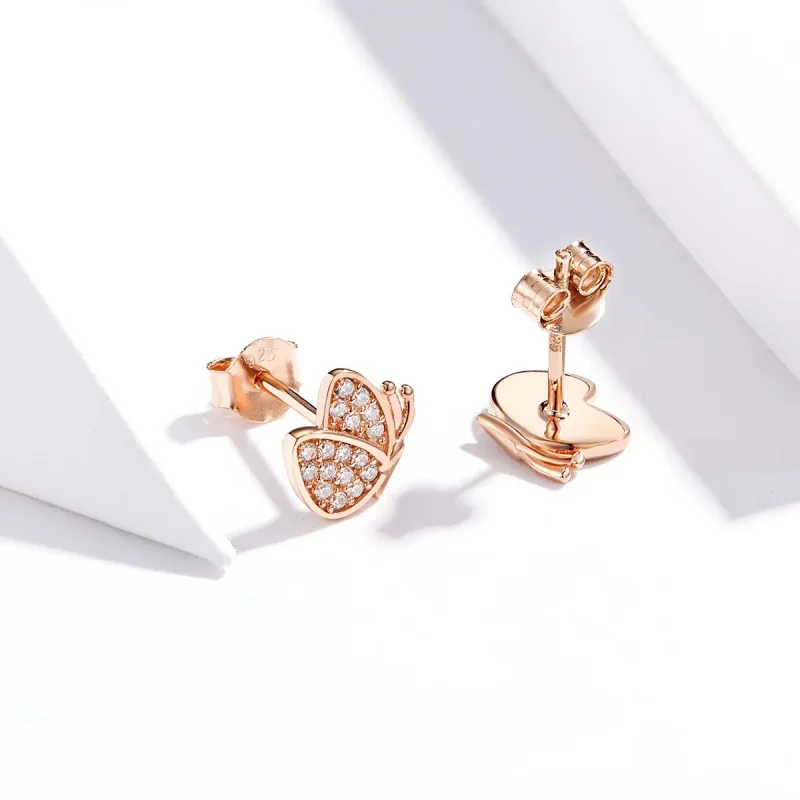 (image for) Pandora Style Rose Gold Stud Earrings, Butterfly - SCE776 - View 2