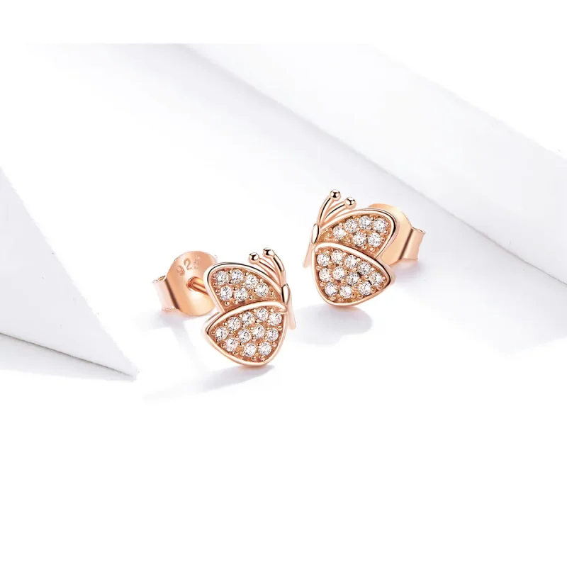 (image for) Pandora Style Rose Gold Stud Earrings, Butterfly - SCE776 - View 3